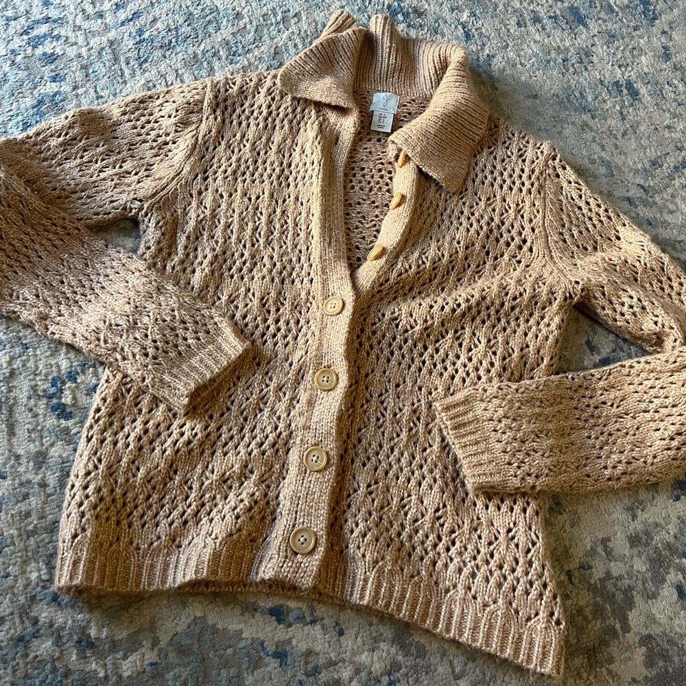 Joie Cardigan Sweater Brown Long Sleeve Collar Open Knit Crochet Women’s Size S